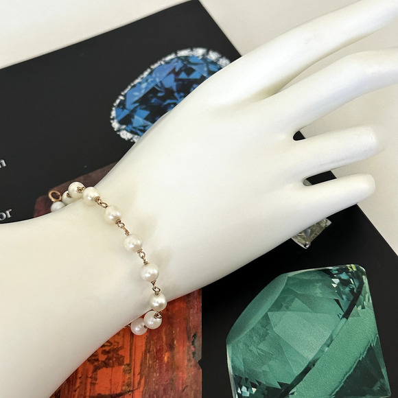 Vintage 14K Yellow Gold Genuine Pearl 6MM Cream Station Bracelet 6.5" - Picture 11 of 14
